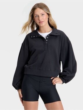 NWT-JoyLab - Women's Henley French Terry Sweatshirt -Black XXS cropped